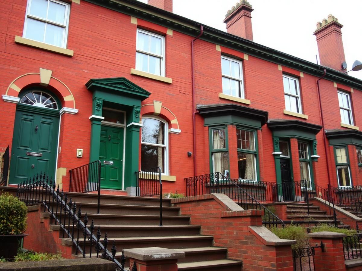 Red-brick Victorian terrace with green doors